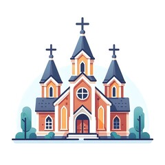  Flat, isolated illustration of a traditional church with a tall steeple and cross on top. Simple design with clean lines and neutral colors, ideal for religious or architectural themes.