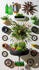 creative wall art display made from upcycled items such as tires, plastic bottles, and metal gears, transformed into planters and decorative pieces