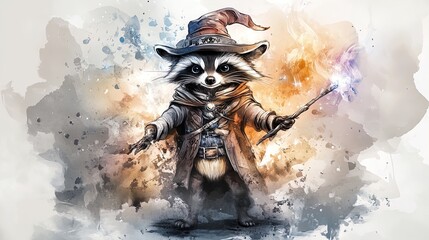 Enchanting Raccoon Magician Poster: Perfect for Kids' Room or Playroom Decor, Featuring a Stylish Raccoon in Magical Attire with Pastel Swirls and Sparkling Lights!
