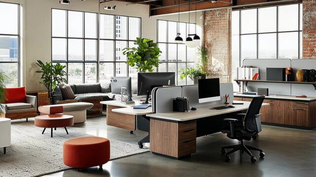 Modern office space with large windows, plants, and contemporary furniture for productivity.