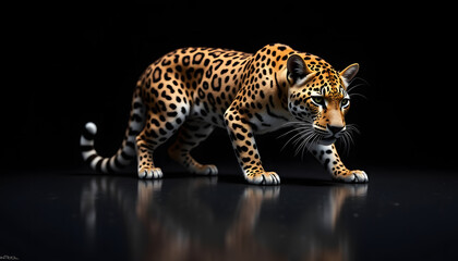 Fototapeta premium Jaguar stealthily crawling with vivid spots on shiny dark surface 