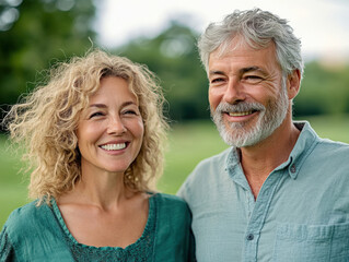 woman portrait mature couple happy together active bonding park outdoor middle aged man talking leisure park fun smiling love old middle mid aged nature wife walking