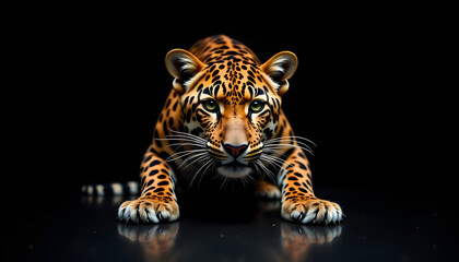 Fototapeta premium Jaguar crouching with intense expression and vivid spots on reflective dark surface