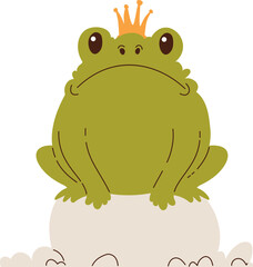 Cute cartoon illustration of a green frog wearing a crown, sitting atop a rock, symbolizing a fairytale prince in frog form.