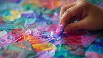 A closeup of a students hand delicately ting out shapes from colored tissue paper adding layers to their collage project.