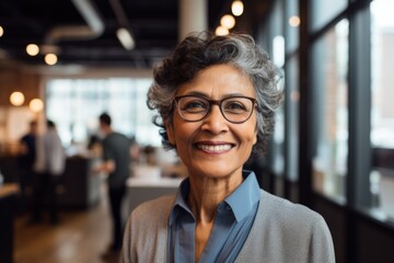 Smiling portrait of a senior Indian businesswoman in modern office