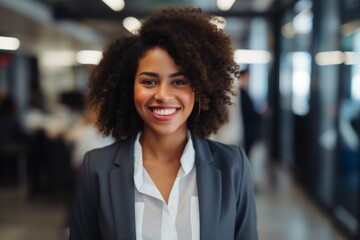 Obraz premium Smiling portrait of a young African American businesswoman in office