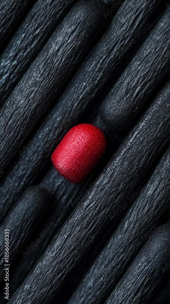 Aufkleber a close up of a red matchstick in a row of black matchsticks