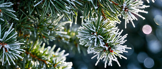 Fototapeta premium Coniferous cedar branch with drops of aromatic resin, covered with white frost. Fresh green needles contrast with fluffy white frost. The shine of ice pieces and magical bokeh highlights. Close-up. 