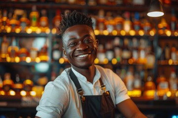 Fototapeta premium Smiling portrait of a young African American male bartender