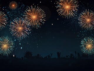 Happy New Year 2025. Beautiful creative holiday web banner or flyer with Golden firework and sparkling number 2025 on night blue sky background.