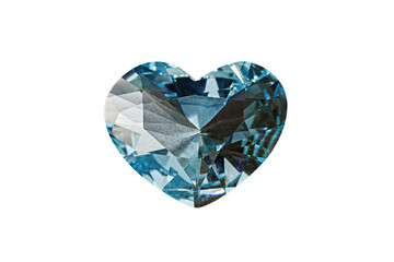 Aquamarine blue faceted heart cut stone mineral macro photography on white isolated background close up