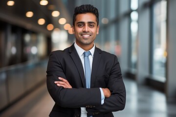 Fototapeta premium Smiling portrait of a young Indian businessman in a modern office