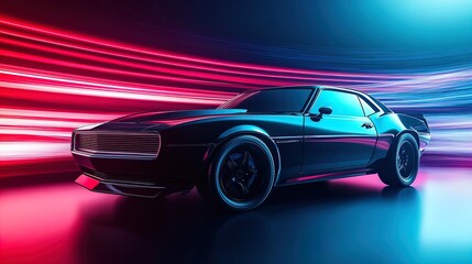 Stunning Classic Muscle Car Poster: Capture the Retro Modern Vibe with Dramatic Lighting and Shiny Black Exterior, Perfect for Sporty Interiors!