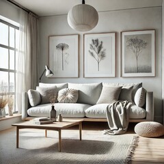 A cozy and modern living room interior with a Scandinavian design. The room features a light gray sofa with soft, textured throw pillows