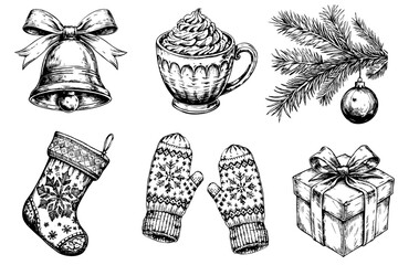 A variety of Christmas-themed items, including a bell, a cup, a mug, a stocking