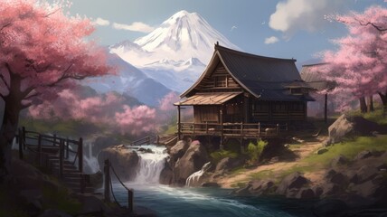 idyllic wooden house in a quiet location with cherry blossoms