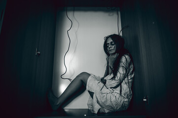 Portrait of asian woman make up ghost,Scary horror scene for background,Halloween festival...