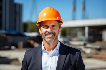 Smiling portrait of a middle aged Caucasian businessman on construction site