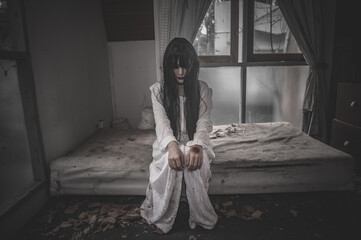 Portrait of asian woman make up ghost,Scary horror scene for background,Halloween festival...