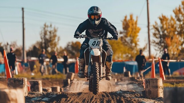 A rider jumps a dirt bike over a muddy track, surrounded by onlookers and autumn trees, showcasing the thrill of motocross racing.