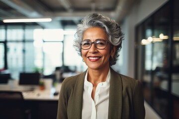 Fototapeta premium Smiling portrait of a senior Indian businesswoman in modern office