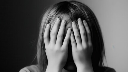 Fototapeta premium A child covers their face with hands in a moment of distress captured in black and white imagery