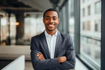 Fototapeta premium Smiling portrait of a young African American businessman in office
