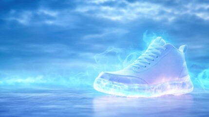 Obraz premium A glowing sneaker with a translucent sole illuminates a foggy background at twilight, showcasing a blend of technology and modern design
