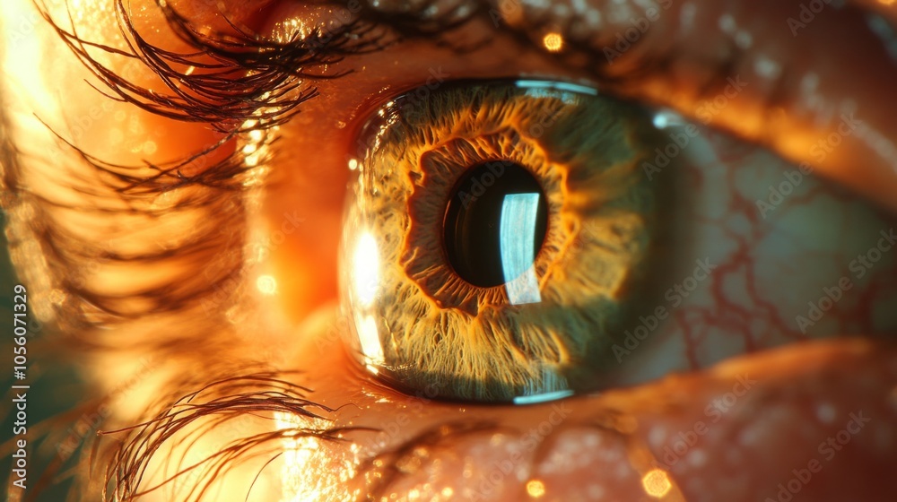 Poster a striking close-up of a human eye showcasing iridescent patterns, delicate eyelashes, and a reflect