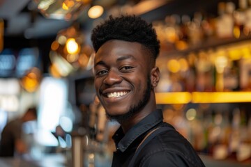 Naklejka premium Smiling portrait of a young African American male bartender