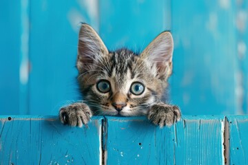 Curious Kitten Peeking Over Blue Wooden Plank