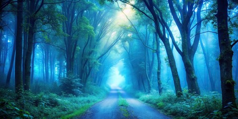 Naklejka premium Tranquil forest path in blue fog
