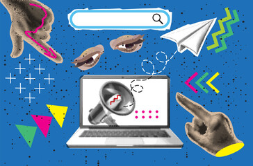 Trendy Halftone Collage Hand from computer monitor screen points to search bar. Megaphone with message and paper plane. Online hiring job. Halftone lips mouth hand in dotted texture vintage pop	