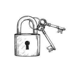 Hand drawn sketch style padlock and key set. Vintage retro etched illustration. Safety and security symbols. Vector illustration isolated on white.