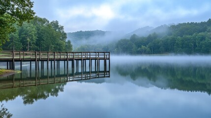 Serene lake view with a wooden pier surrounded by misty mountains and lush greenery.