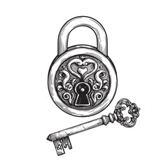 Hand drawn sketch style padlock and key with ornaments. Vintage retro etched illustration. Safety and security symbols. Vector illustration isolated on white.