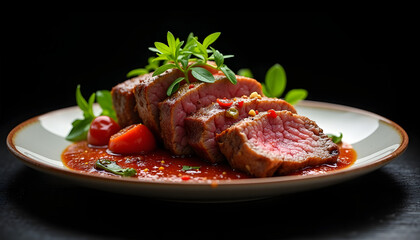 Sliced grilled meat served with spicy sauce and garnished with fresh herbs on dark plate