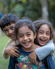 Three children are laughing together outside
