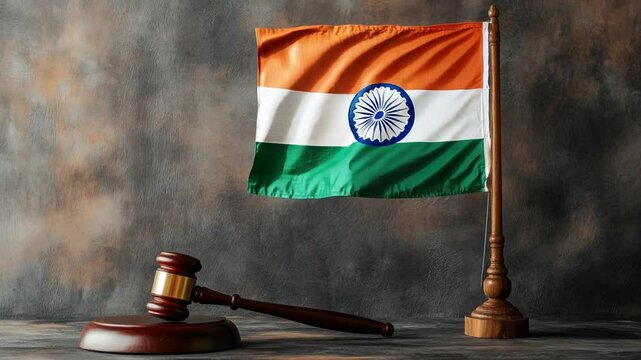 Indian Justice: A wooden gavel rests on a wooden base, beside a proudly waving Indian flag, against a textured backdrop, symbolizing the strength and fairness of the legal system. 