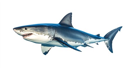 Fototapeta premium A realistic depiction of a great white shark swimming, showcasing its powerful body and sharp teeth against a neutral background.