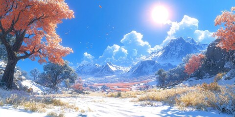 Beautiful snow-covered landscape with fields, trees, and clear blue sky, winter scenery