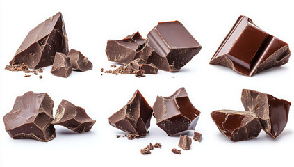 Set of dark chocolate pieces isolated on white background
