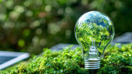
renewable energy light bulb with green energy, Earth Day or environment protection Hands protect forests that grow on the ground and help save the world, solar panels