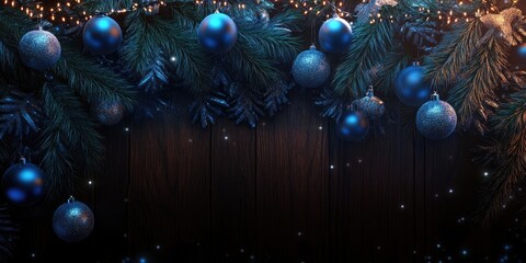 Christmas and New Year themed wooden background featuring fir tree branches, blue and silver ornaments with garland decoration, perfect for festive greetings