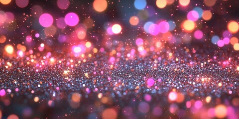 Silver glitter background adorned with vibrant bokeh lights, ideal for festive invitations and celebrations