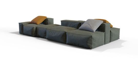 Soft modular Sofa with pillows 3d render isolated PNG on transparent background with shadow
