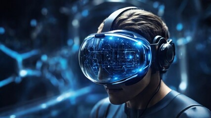 AI virtual reality imagination of future planet, High tech Innovation, Blue circuit, Digital Interface, Artificial Intelligence