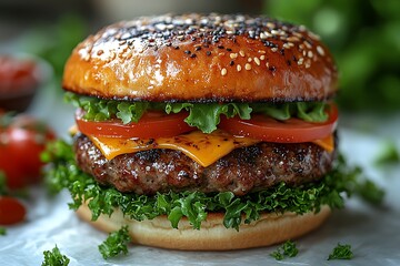 Delicious cheeseburger with grilled beef patty and fresh toppings