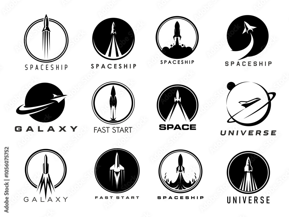 Poster Spaceship and space rocket icons. Shuttle spaceship launch and rocket start up vector silhouettes with fire flames and smoke, planets and orbit frames. Universe galaxy travel, retro spacecraft symbols